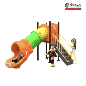 Kids outdoor playground with dragon-themed tube slide, climbing wall, and ladder