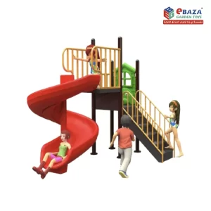 Kids enjoying a durable outdoor playground set with a red spiral slide and climbing ladder.