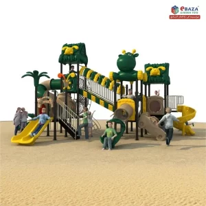 Jungle-themed playground set for kids, 9.2m x 7.5m x 5m, built with galvanized steel, engineering plastics, marine cable, and rosewood, installed by Ebaza Gardens in Saudi Arabia.