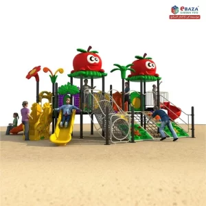 Fruit-inspired playground set for children, 8m x 7m x 4.5m, built with galvanized steel, engineering plastics, and marine cable, installed by Ebaza Gardens in Saudi Arabia.