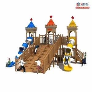 olorful castle-themed playground set for kids, 9m x 8.5m x 5.2m, built with galvanized steel, engineering plastics, marine cable, and rosewood, installed by Ebaza Gardens in Saudi Arabia.