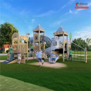 Medieval castle-themed playground set for children, 12m x 8m x 6m, built with durable weather-resistant materials, installed by Ebaza Gardens in Saudi Arabia.